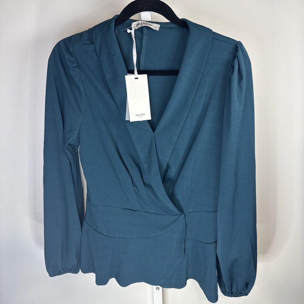 NEW Grace Karin Teal Long Lantern Sleeve Top Women's Size Large Quiet Luxury